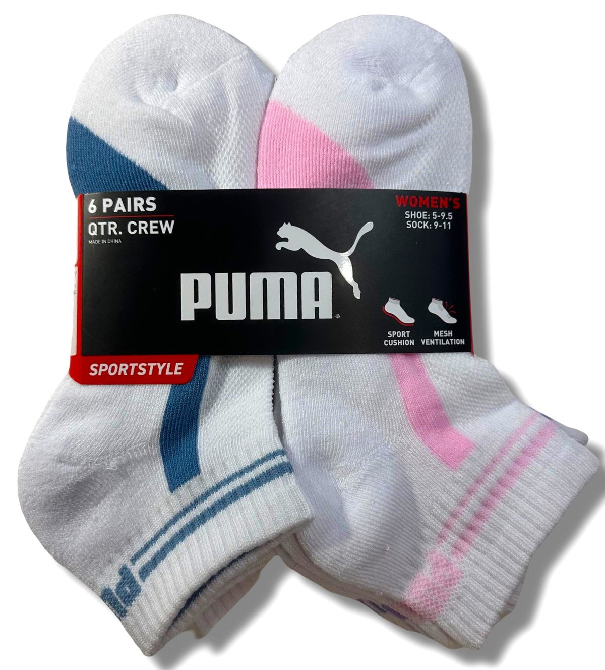 PUMA SOCKS WOMEN'S - QUARTER 243 - PIPE BLUE PINK - SHOE SZ 5-9.5 - PACK 6