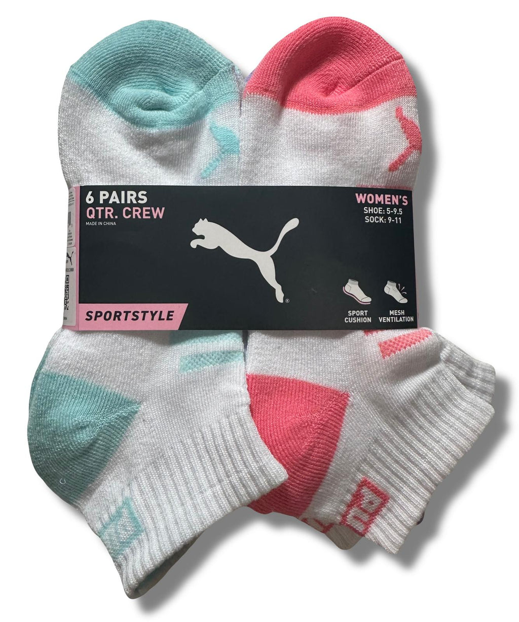PUMA SOCKS WOMEN'S - QUARTER 243 - GLEE AQUA PINK - SHOE SZ 5-9.5 - PACK 6