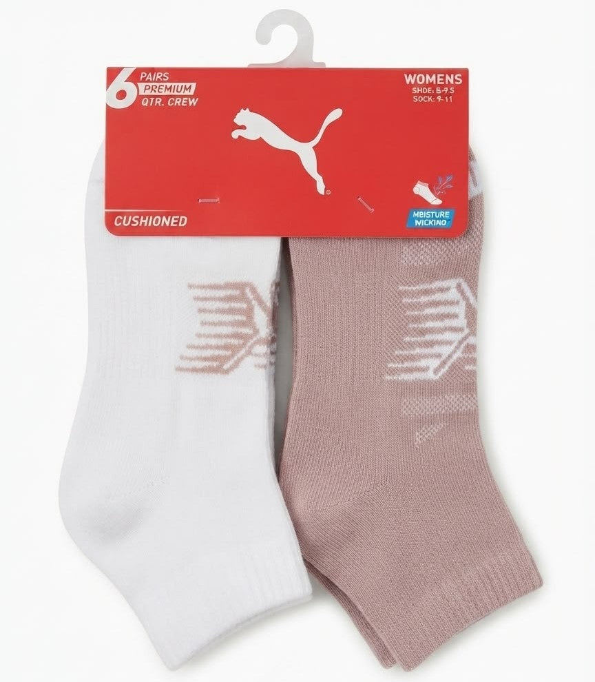 PUMA SOCKS WOMEN'S - QUARTER - ZIPPY 263 - WHITE BROWN - SHOE SZ 5-9.5 - PACK 6