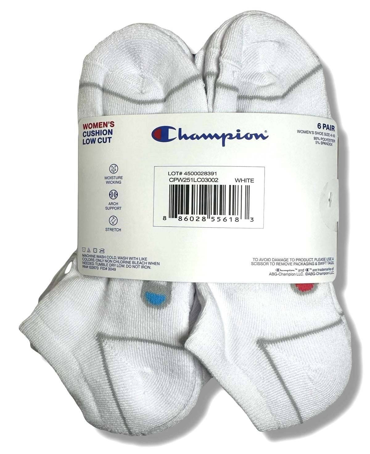 CHAMPION SOCKS WOMEN'S - LOW CUT - 253 WHITE GREY - SHOE SZ 5-9 PACK 6