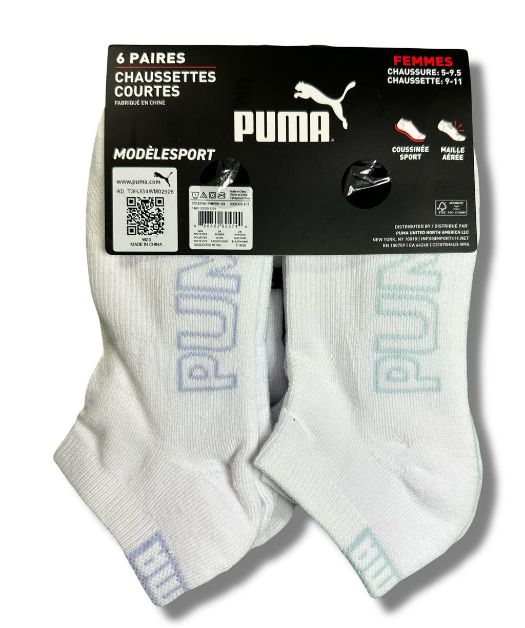 PUMA SOCKS WOMEN'S - LOW CUT 253 - SLATE WHITE PEACH - SHOE SZ 5-9.5 -PACK 6