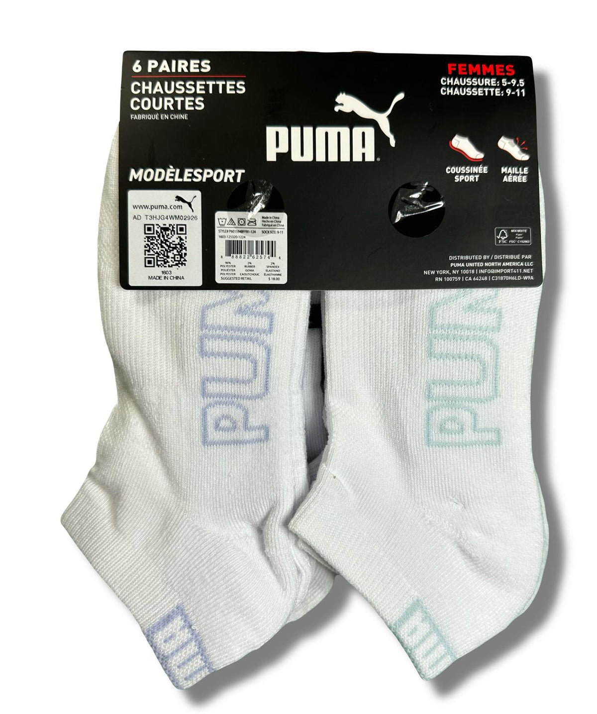 PUMA SOCKS WOMEN'S - LOW CUT 253 - SLATE WHITE PEACH - SHOE SZ 5-9.5 -PACK 6