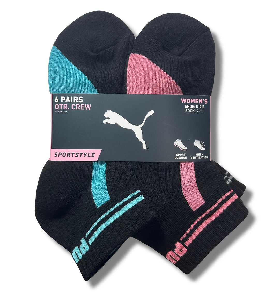 PUMA SOCKS WOMEN'S - QUARTER 243 - PIPE BLACK TEAL - SHOE SZ 5-9.5 - PACK 6