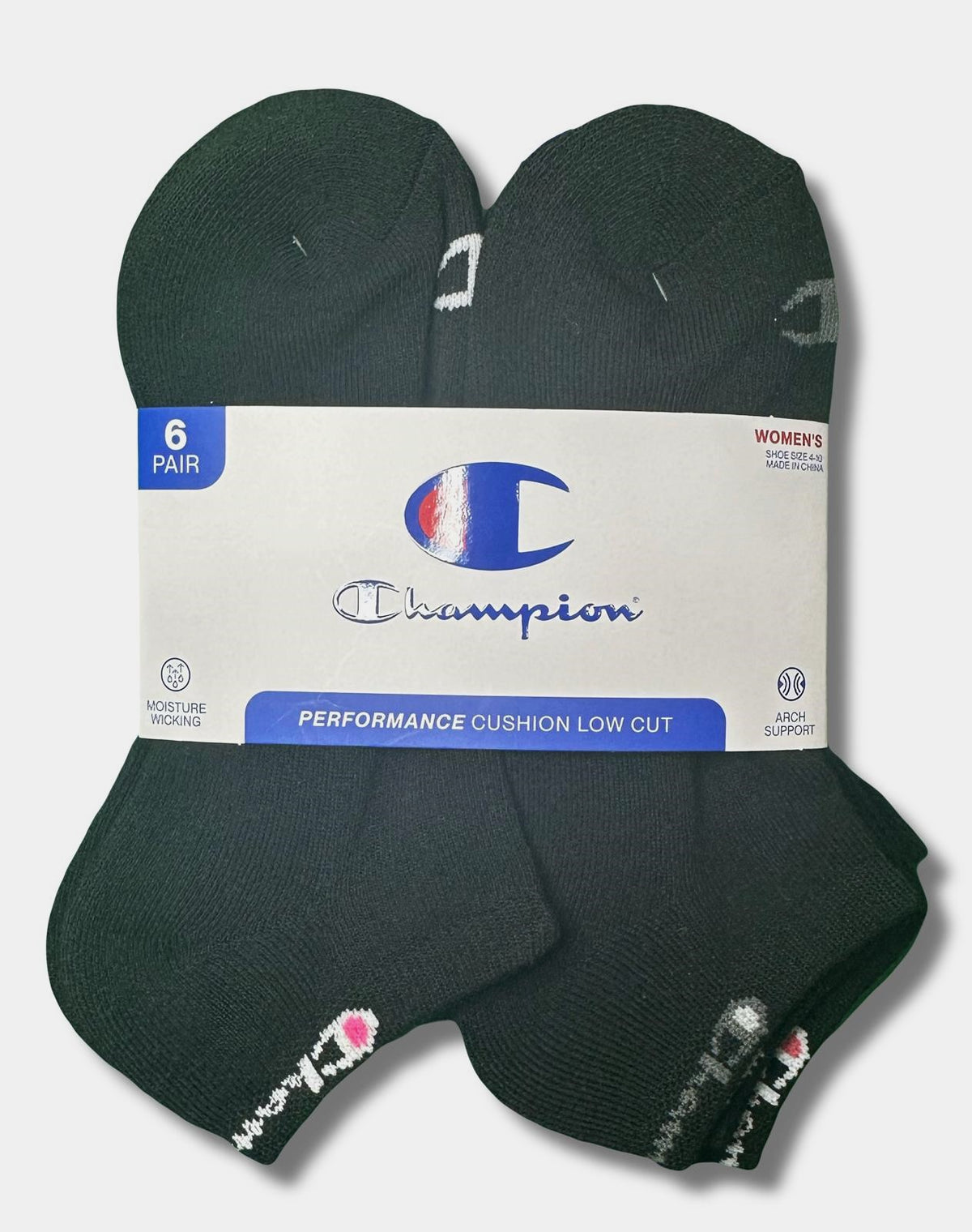 CHAMPION SOCKS WOMEN'S - LOW CUT - 253 BLACK BLACK 2 - SHOE SZ 4-10 PACK 6
