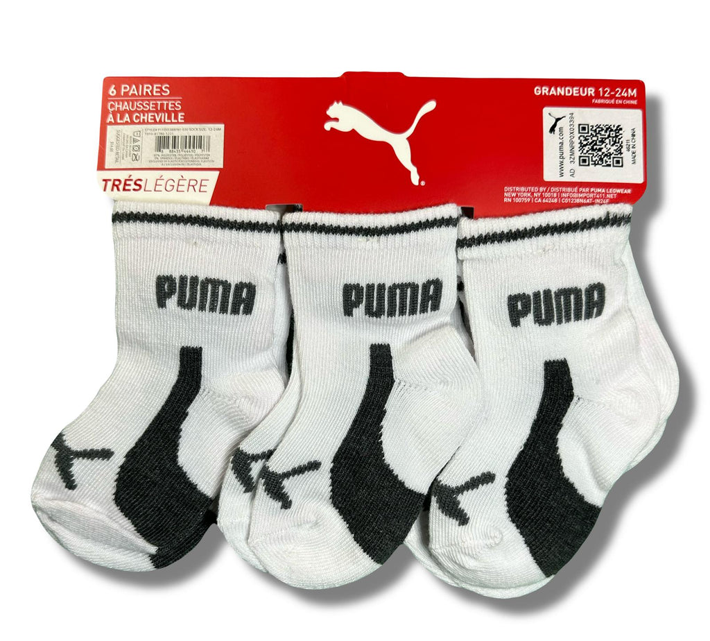 PUMA SOCKS BOYS X6 - ANKLET 253 WHITE GRAY - SZ 12 - 24 MONTHS-BABY ANKLE 6 PACK