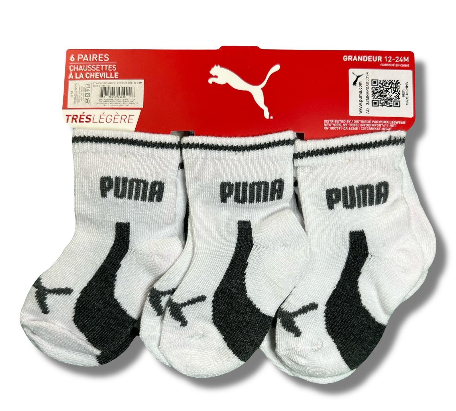 PUMA SOCKS BOYS X6 - ANKLET 253 WHITE GRAY - SZ 12 - 24 MONTHS-BABY ANKLE 6 PACK