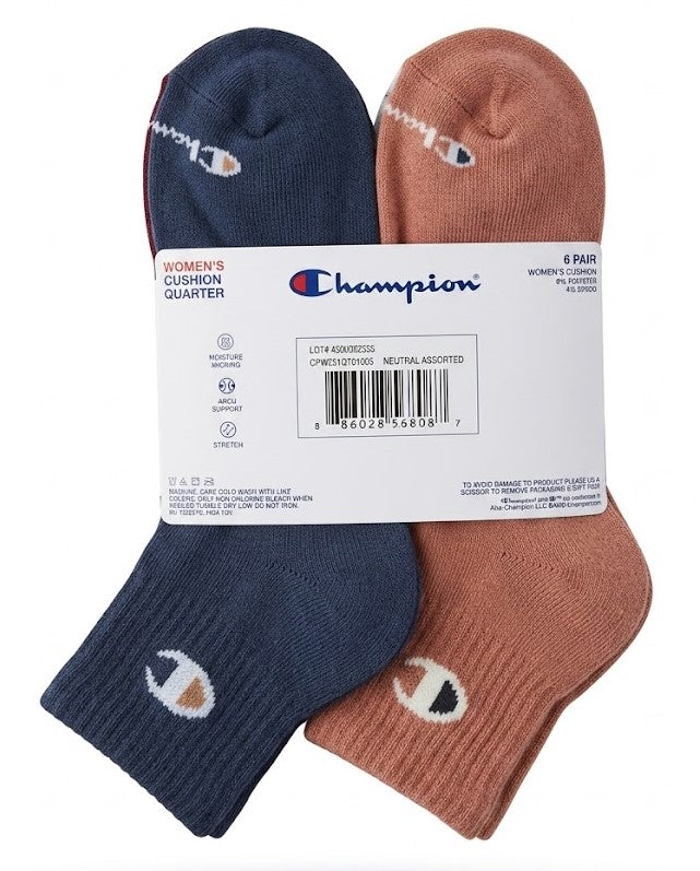 CHAMPION SOCKS WOMEN'S - QUARTER 263 - CREAM PINK - LARGE (6-12) PACK 6