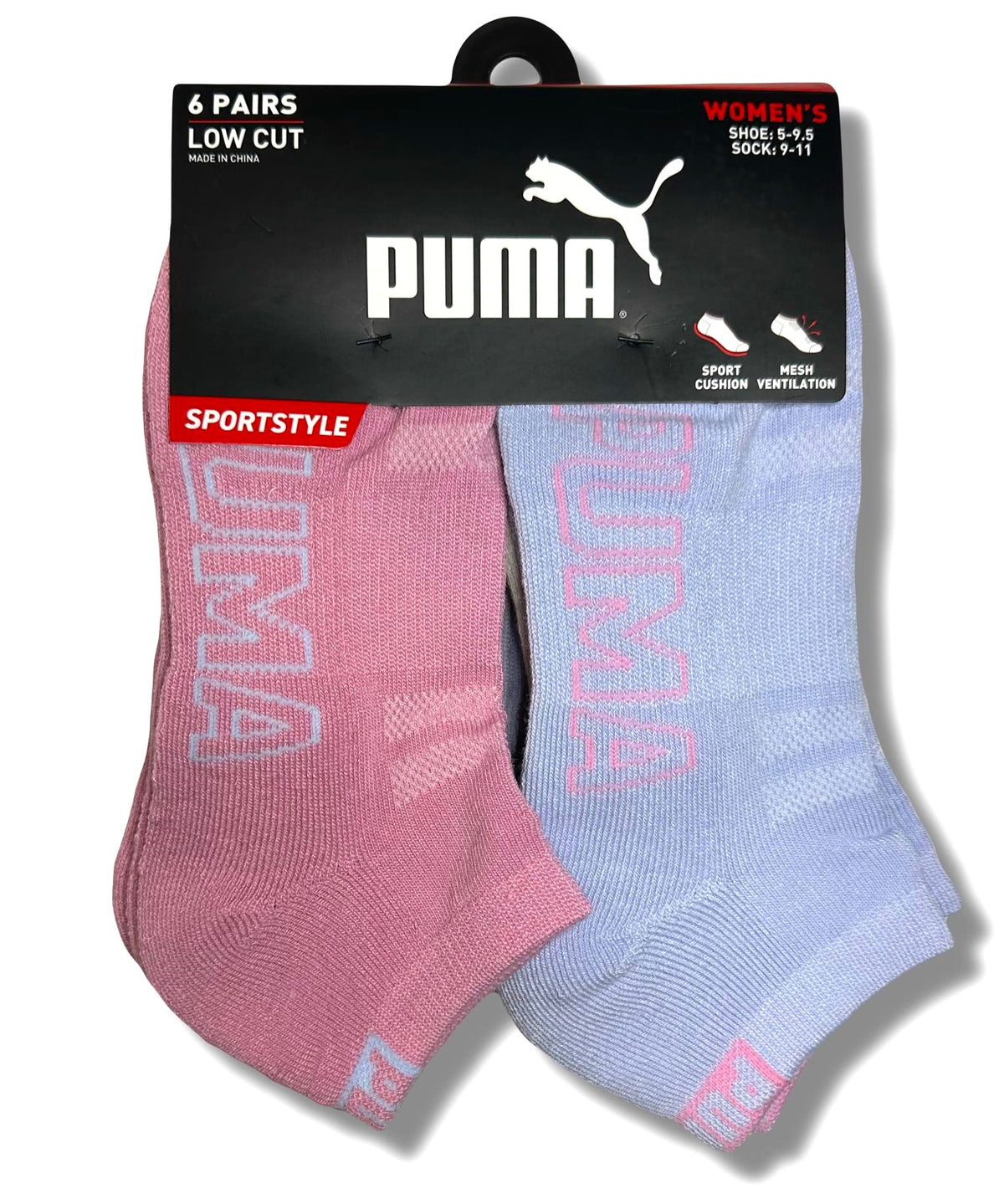 PUMA SOCKS WOMEN'S - LOW CUT 253 - SLATE PINK PURPLE - SHOE SZ 5-9.5 -PACK 6