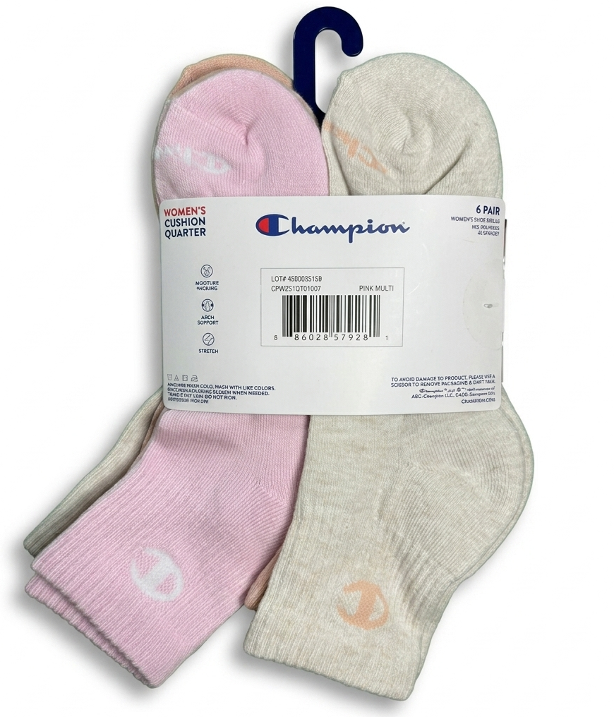 CHAMPION SOCKS WOMEN'S - QUARTER 263 - PINK SAND - LARGE (6-12) PACK 6