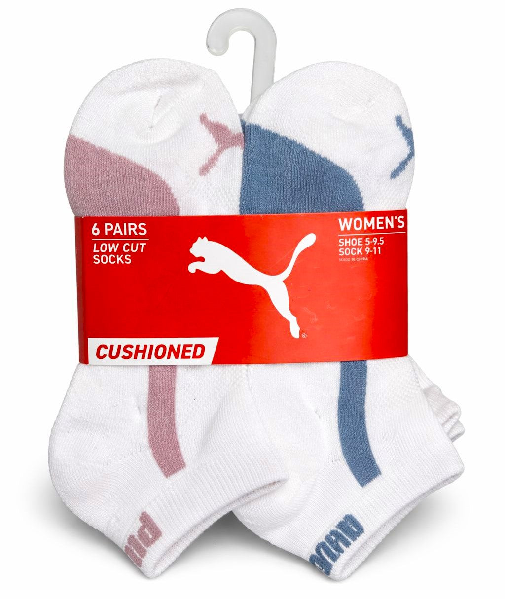 PUMA SOCKS WOMEN'S - LOW CUT 263 - PIPE PINK BLUE - SHOE SZ 5-9.5 - PACK 6