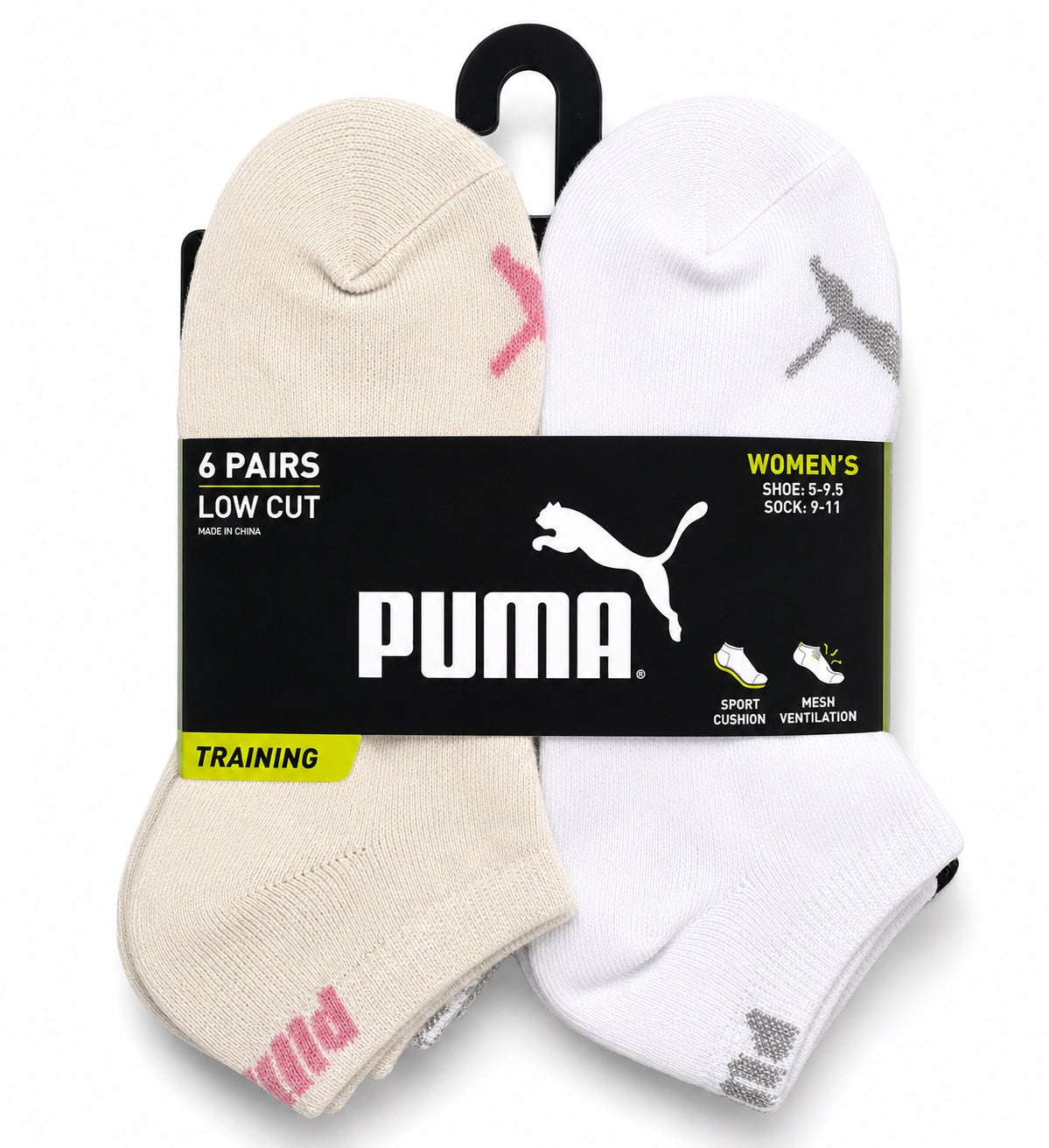 PUMA SOCKS WOMEN'S - LOW CUT 263 - FERN SAND WHITE - SHOE SZ 5-9.5 -PACK 6