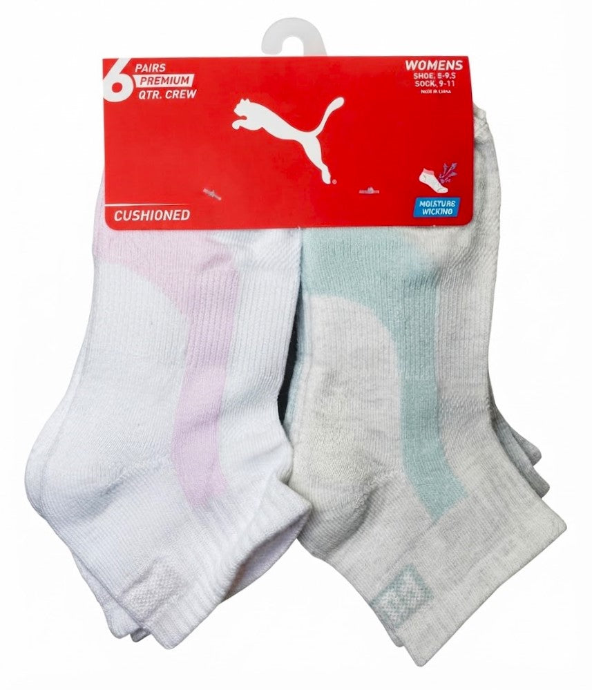 PUMA SOCKS WOMEN'S - QUARTER 263 - PIPE WHITE PINK - SHOE SZ 5-9.5 - PACK 6