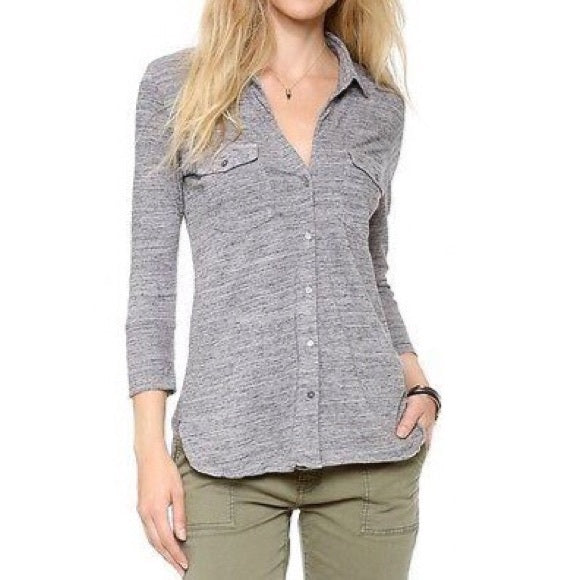 STRAZZI WOMEN TOP - 3/4 SLEEVE SZ LARGE - GREY CUFFED ELBOW BUTTON DOWN SHIRT