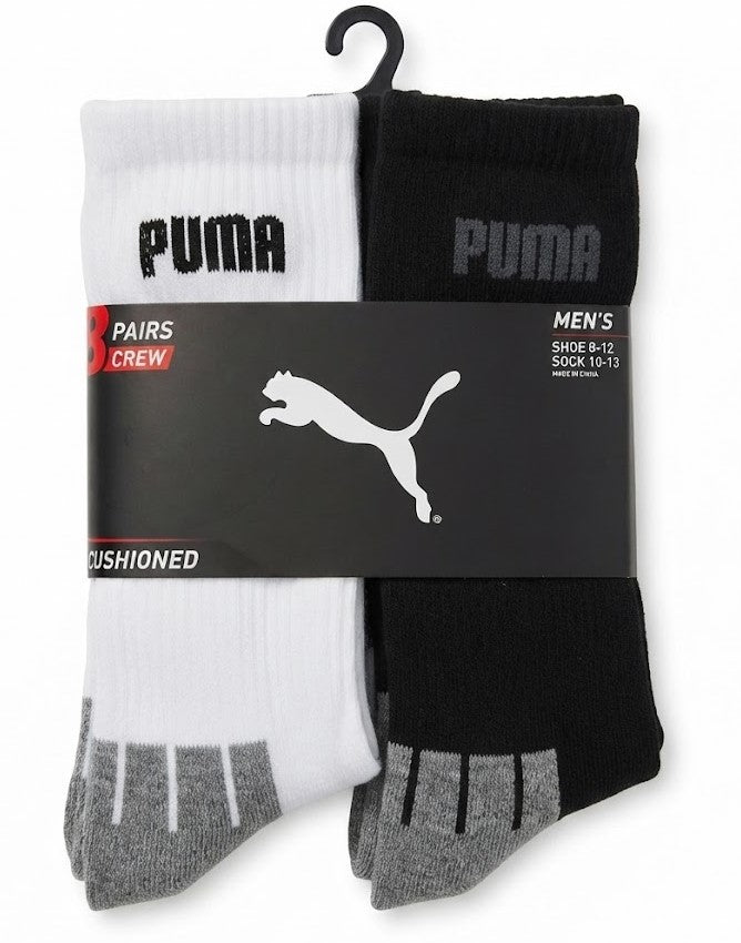 PUMA SOCKS MEN'S - CREW 263 - CUBE BLACK WHITE - LARGE (10-13)- PACK 8