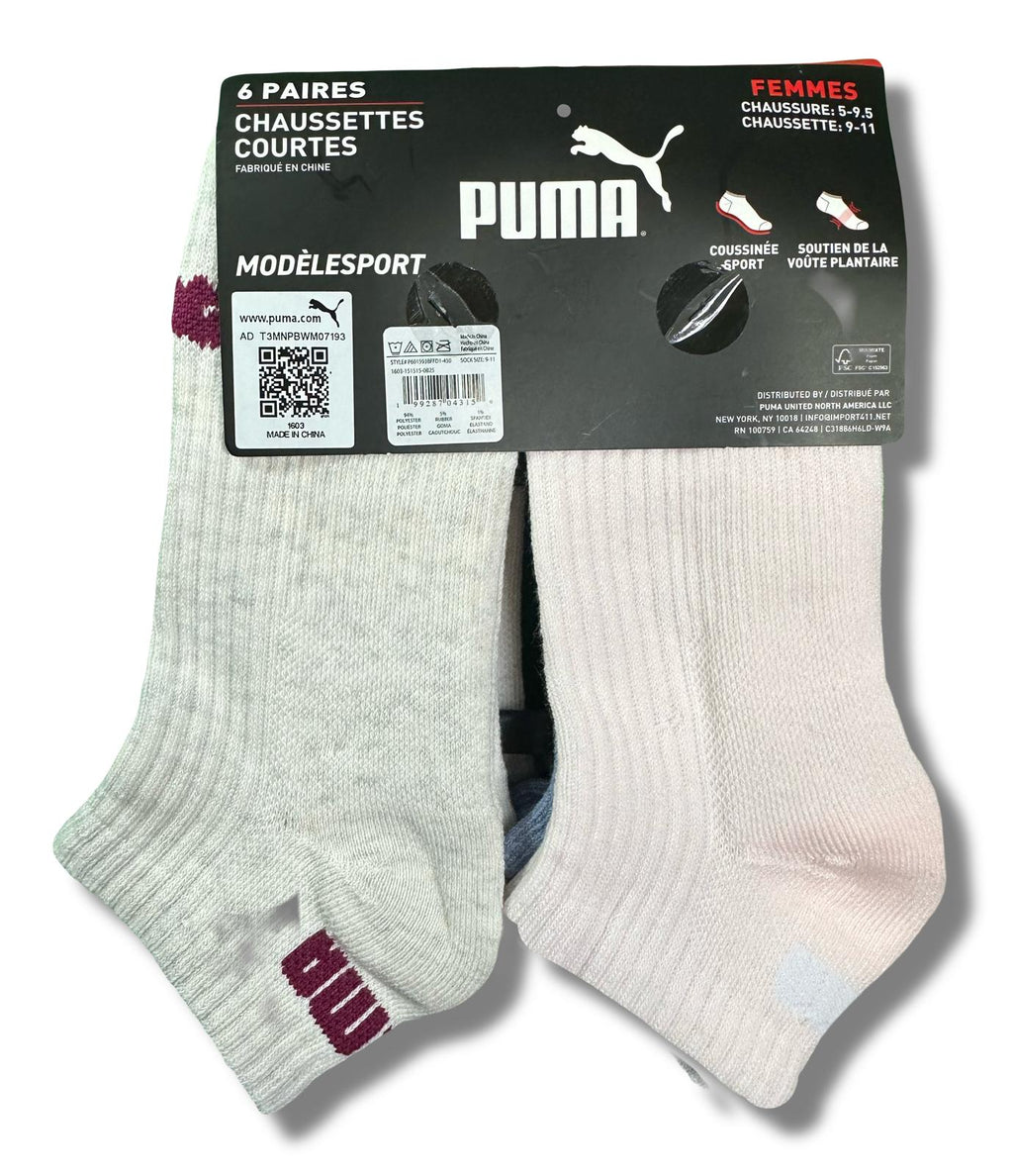 PUMA SOCKS WOMEN'S - LOW CUT 253 - RIBBED BLUE PINK - SHOE SZ 5-9.5 -PACK 6