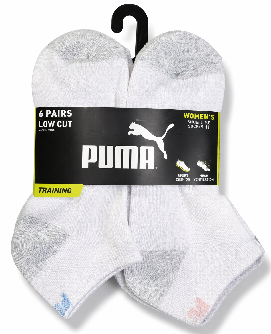 PUMA SOCKS WOMEN'S - LOW CUT 263 - FAYE - WHITE BLUE - SHOE SZ 5-9.5 -PACK 6