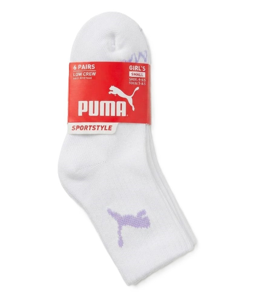 PUMA SOCKS GIRLS X6 - CREW CUT 263 - SOLID WHITE PURPLE- SMALL SHOE 4-8.5 6 PACK