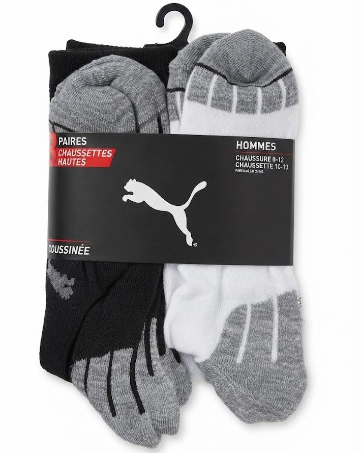 PUMA SOCKS MEN'S - CREW 263 - CUBE BLACK WHITE - LARGE (10-13)- PACK 8