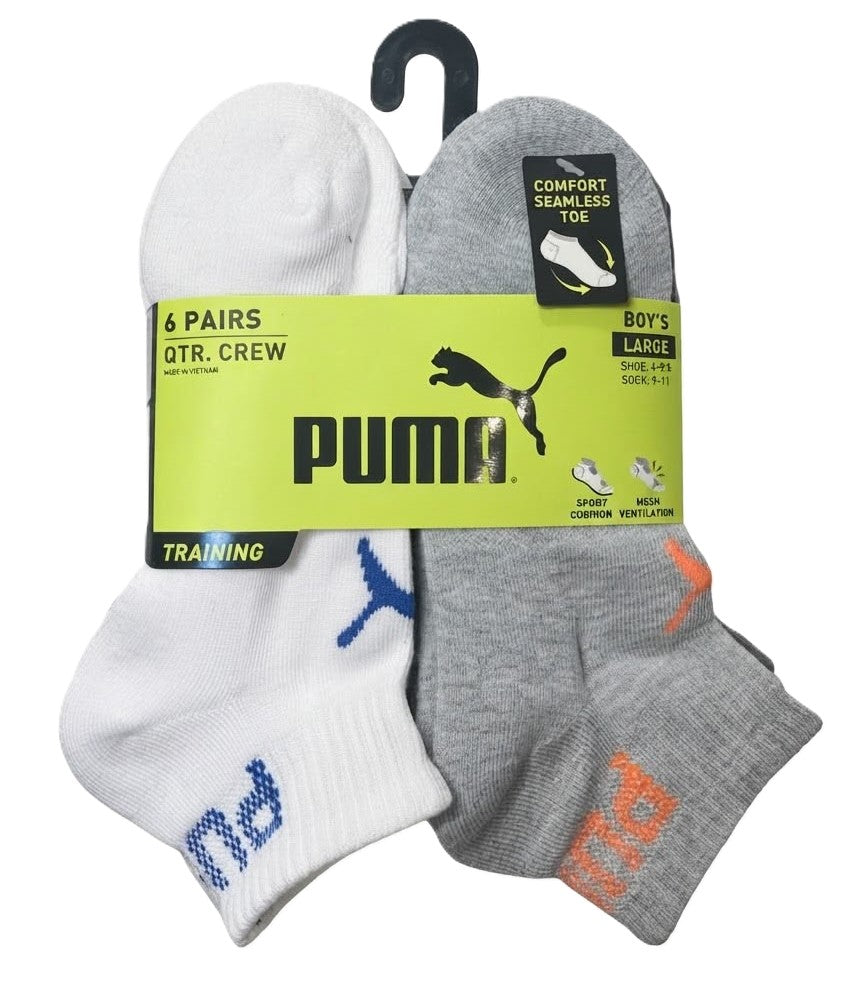 PUMA SOCKS BOYS X6 - QUARTER 263 - TEDDY WHITE GREY SZ LARGE 4-9.5 - 6 PACK