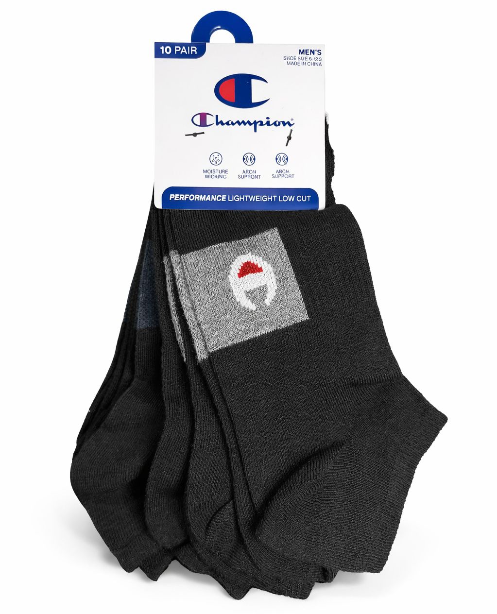 CHAMPION SOCKS MEN'S - LOW CUT 263 - BLACK PK - LARGE (6-12) PACK 10 XX