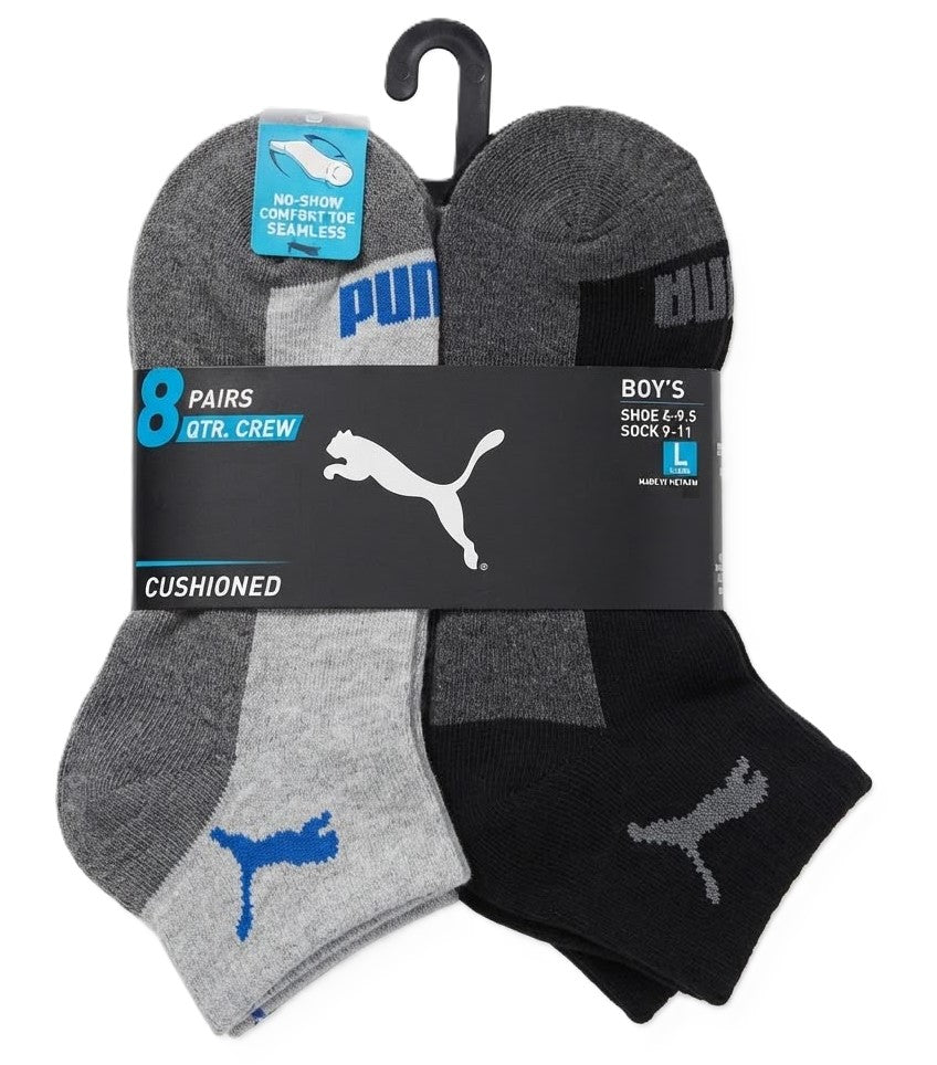 PUMA SOCKS BOYS X6 - QUARTER 263 - TRAP GREY BLACK SZ LARGE 4-9.5 - 8 PACK