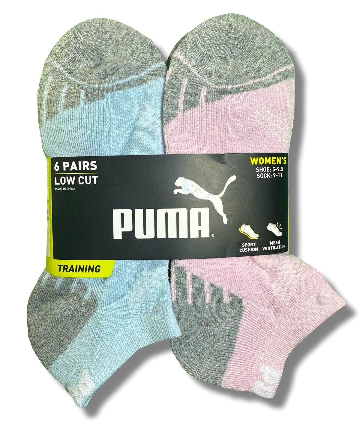 PUMA SOCKS WOMEN'S - LOW CUT 253 - ASHY BLUE PINK - SHOE SZ 5-9.5 - PACK 6