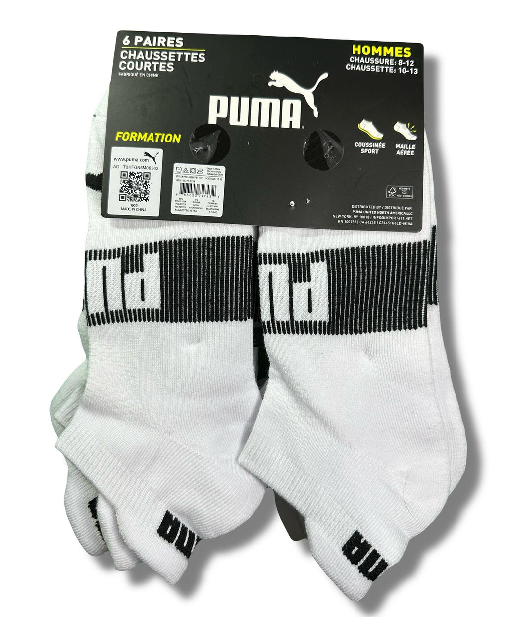PUMA SOCKS MEN'S - LOW CUT - EDGE 253 - WHITE BLACK 2 - LARGE (10-13) PACK 6 XX