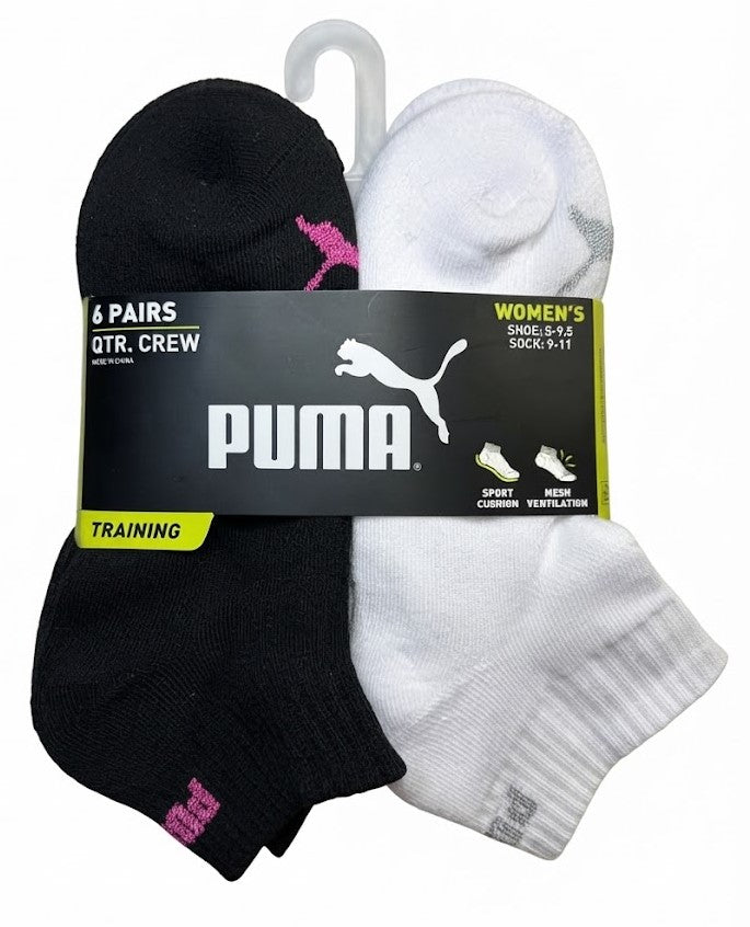 PUMA SOCKS WOMEN'S - QUARTER 263 - FERN BLACK PINK - SHOE SZ 5-9.5 -PACK 6