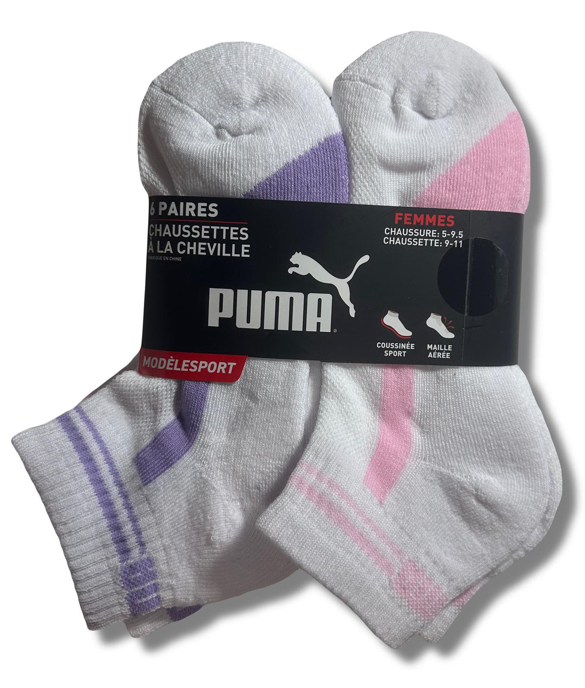 PUMA SOCKS WOMEN'S - QUARTER 243 - PIPE BLUE PINK - SHOE SZ 5-9.5 - PACK 6