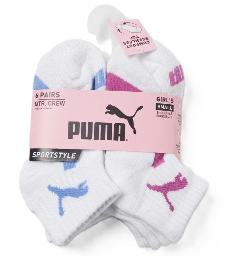 PUMA SOCKS GIRLS X6 - QUARTER CUT 263 - PIPE BLUE PINK- SMALL SHOE 4-8.5 6 PACK