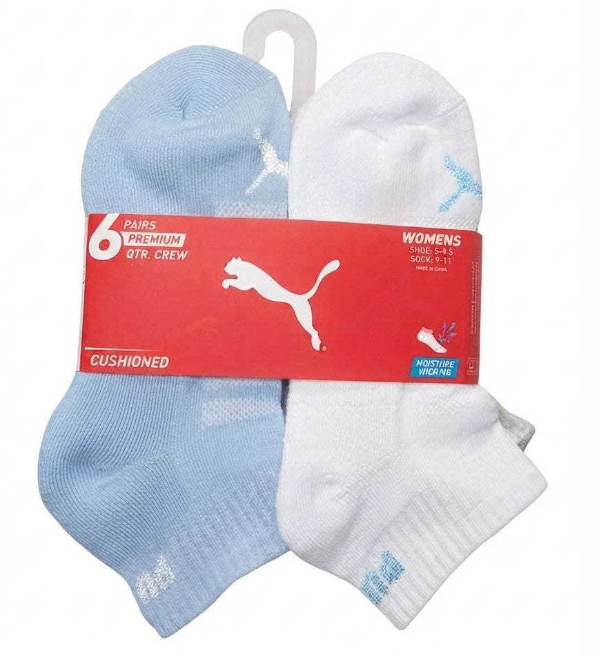 PUMA SOCKS WOMEN'S - QUARTER 263 - FERN LIGHT BLUE WHITE - SHOE SZ 5-9.5 -PACK 6