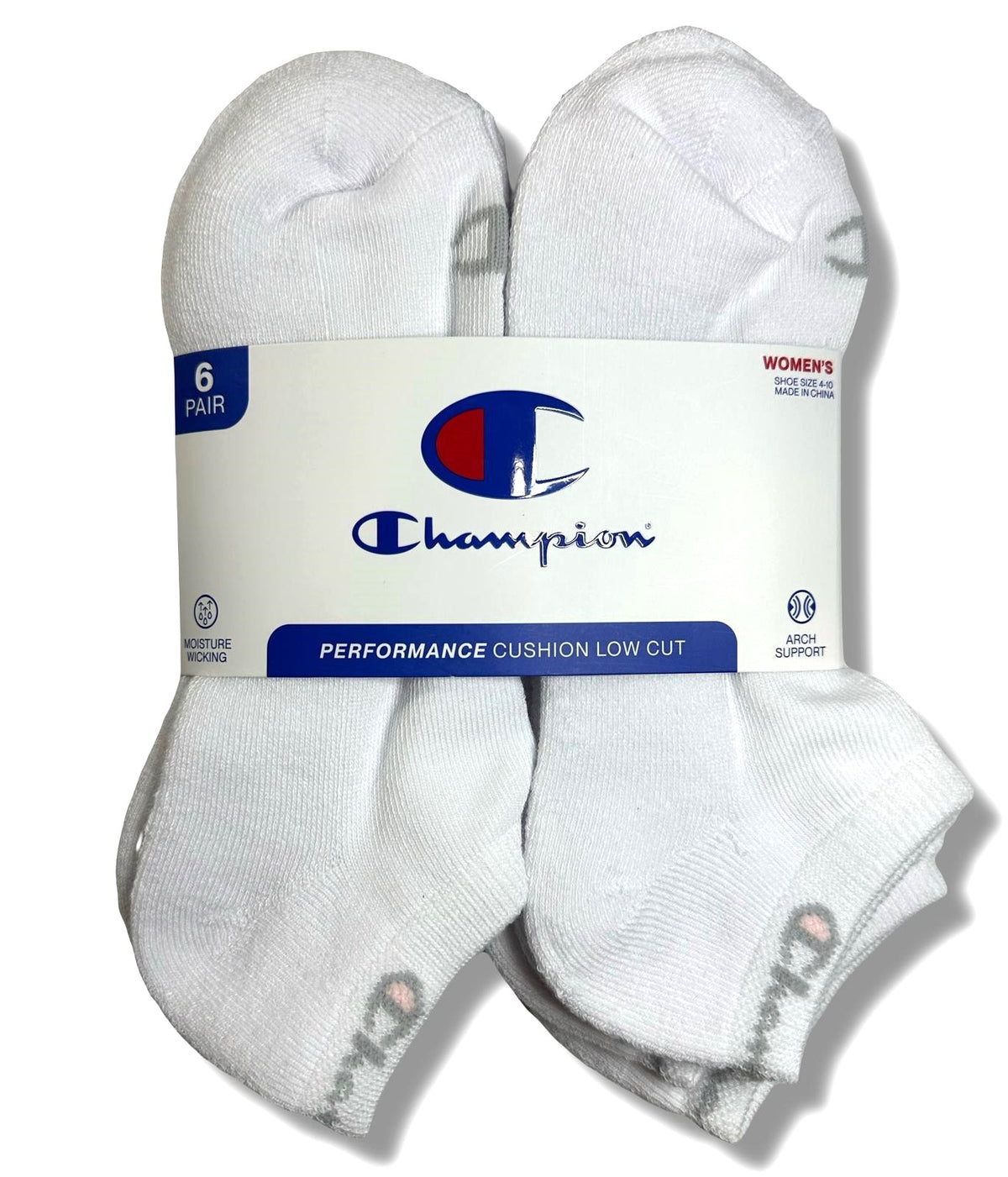 CHAMPION SOCKS WOMEN'S - LOW CUT - 253 WHITE WHITE - SHOE SZ 5-9 PACK 6