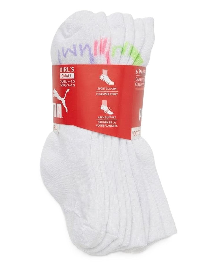 PUMA SOCKS GIRLS X6 - CREW CUT 263 - SOLID WHITE PURPLE- SMALL SHOE 4-8.5 6 PACK