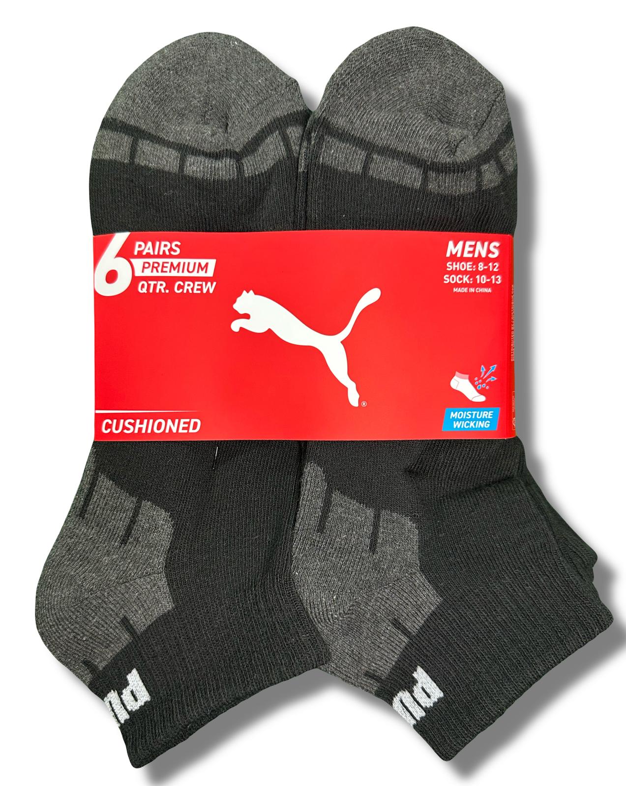 PUMA SOCKS MEN'S - QUARTER CUT - CUBE 253 - BLACK GREY - LARGE (10-13) PACK 6 XX