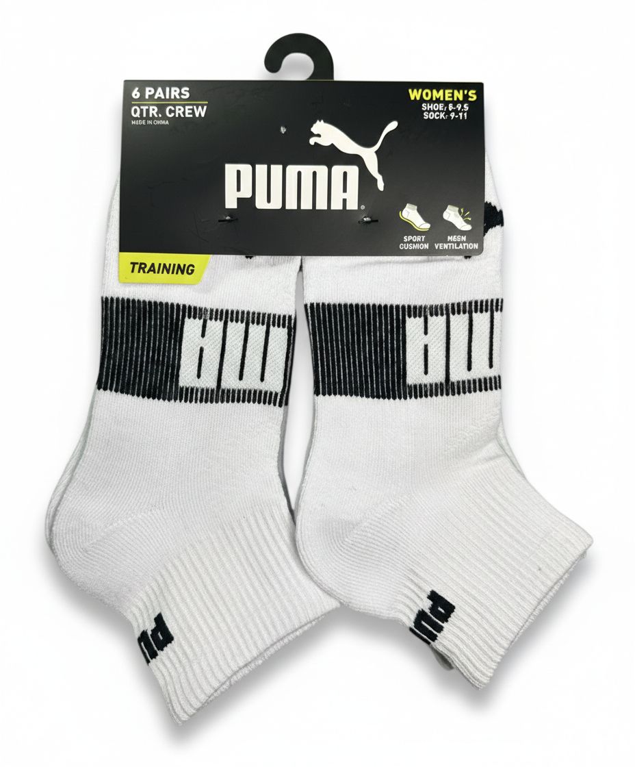 PUMA SOCKS WOMEN'S - QUARTER 263 - EDGE WHITE BLACK - SHOE SZ 5-9.5 - PACK 6