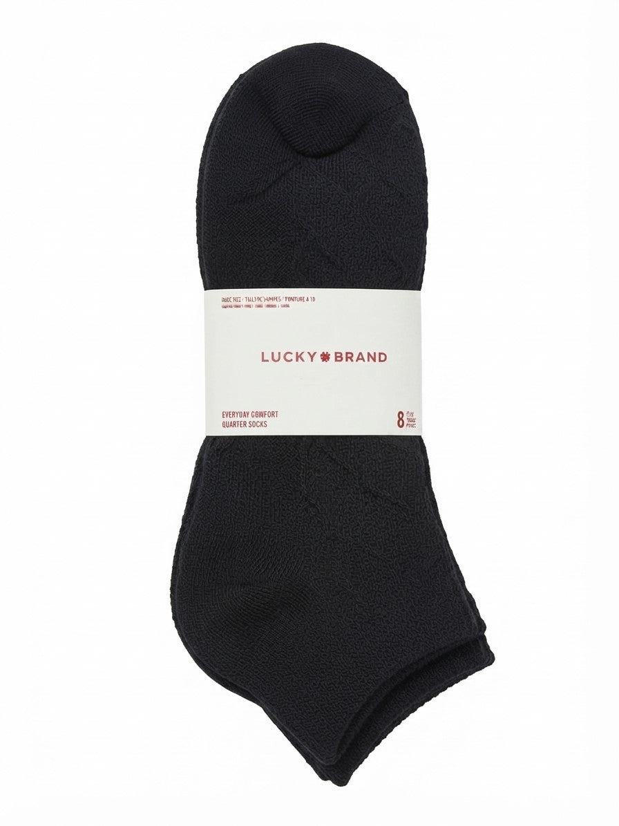 LUCKY BRAND SOCKS WOMEN'S - QUARTER CUT 263 - SOLID BLACK - PACK 8