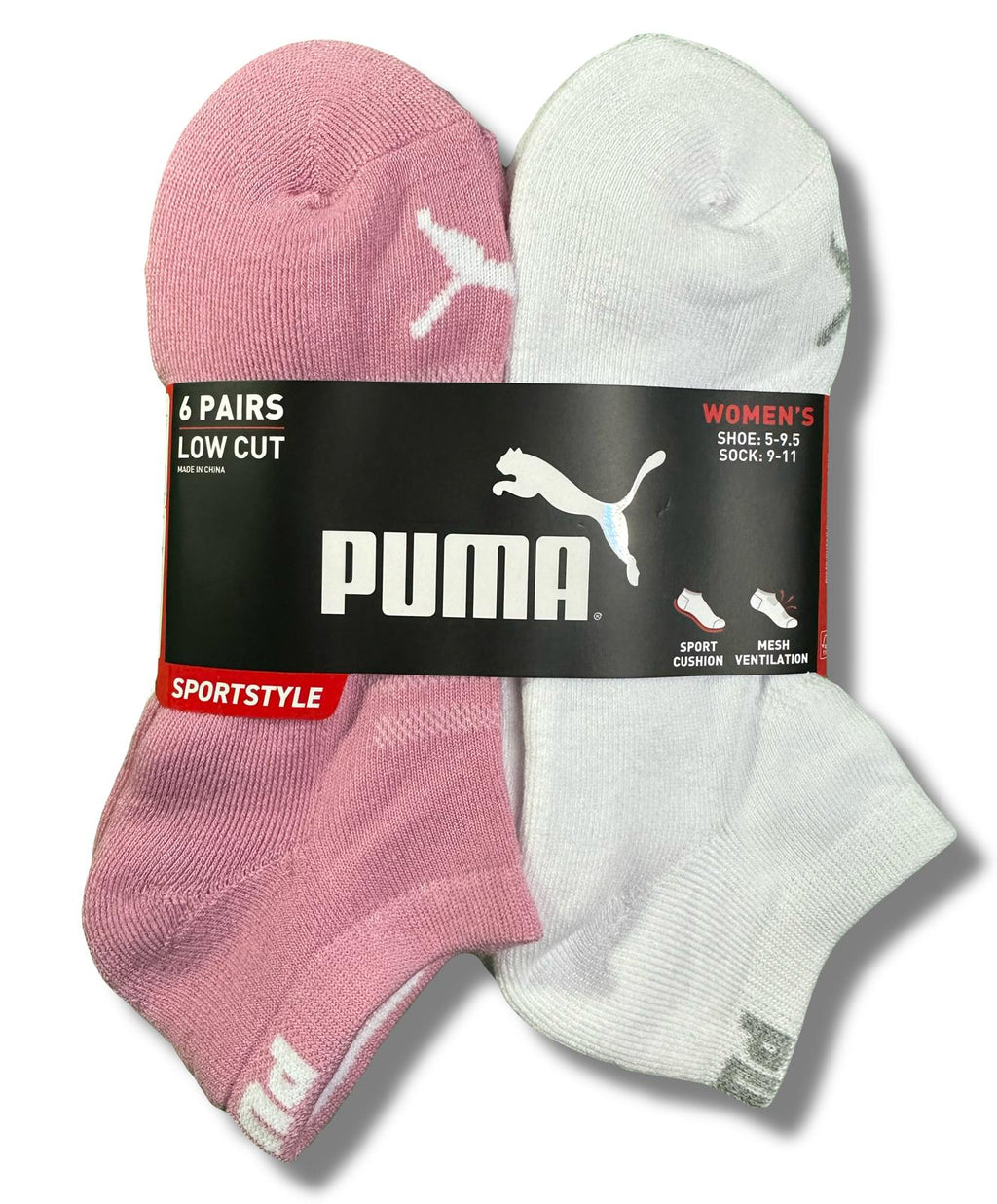 PUMA SOCKS WOMEN'S - LOW CUT 253 - SOLID 3 - WHITE PINK - SHOE SZ 5-9.5 - PACK 6