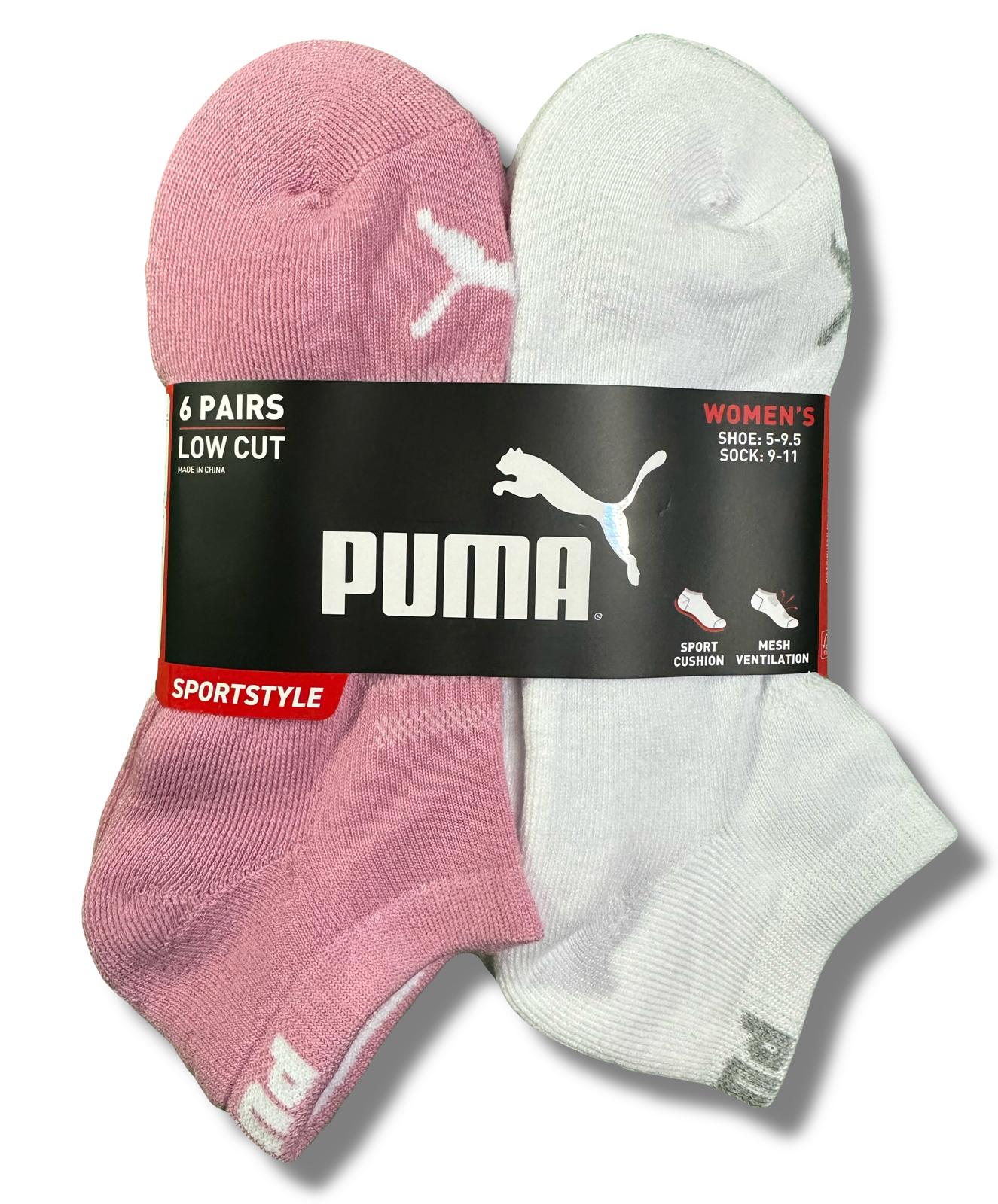 PUMA SOCKS WOMEN'S - LOW CUT 253 - SOLID 3 - WHITE PINK - SHOE SZ 5-9.5 - PACK 6