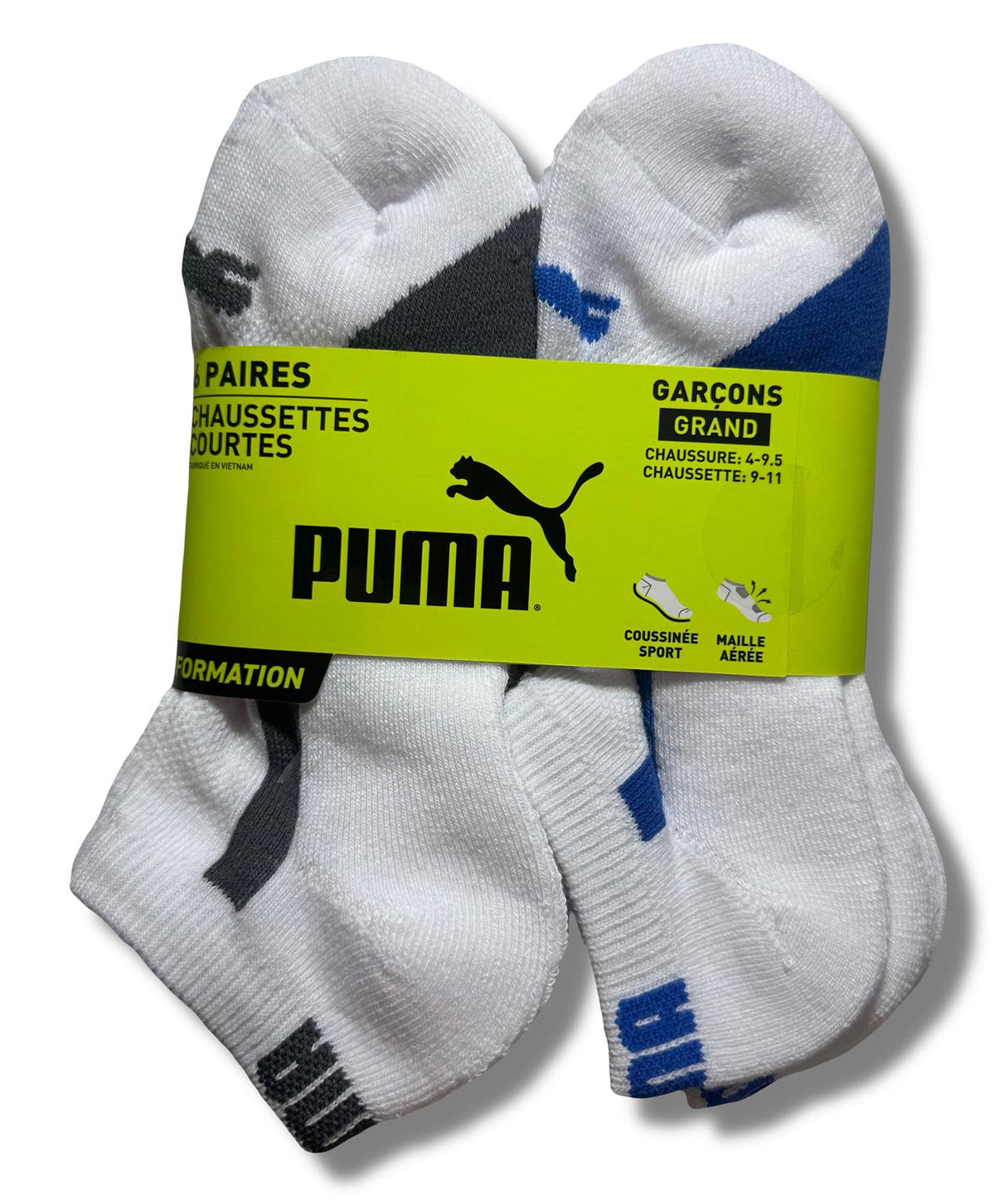 PUMA SOCKS BOYS X6 - LOW CUT 243 - PIPE WHITE BLUE MEDIUM SZ SHOE 9-3.5 - 6 PACK