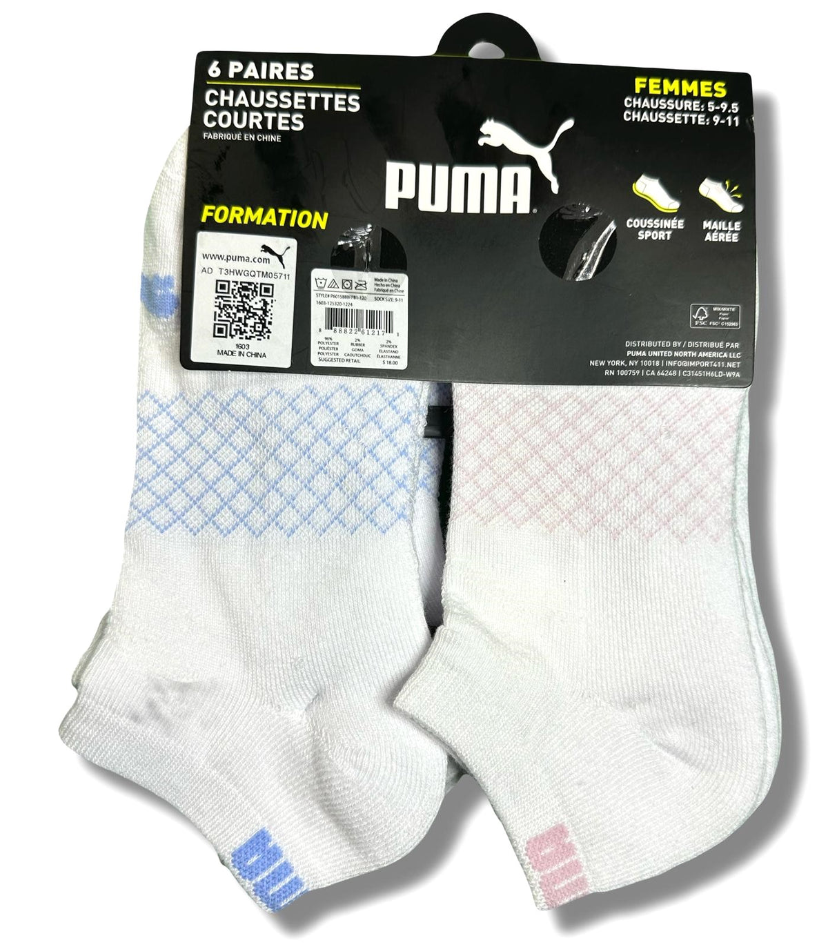 PUMA SOCKS WOMEN'S - LOW CUT 253 - NET - WHITE PINK - SHOE SZ 5-9.5 -PACK 6