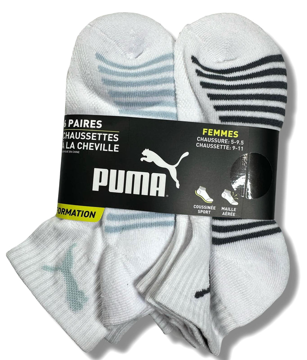 PUMA SOCKS WOMEN'S - QUARTER 253 - BLISS WHITE GRAY - SHOE SZ 5-9.5 -PACK 6
