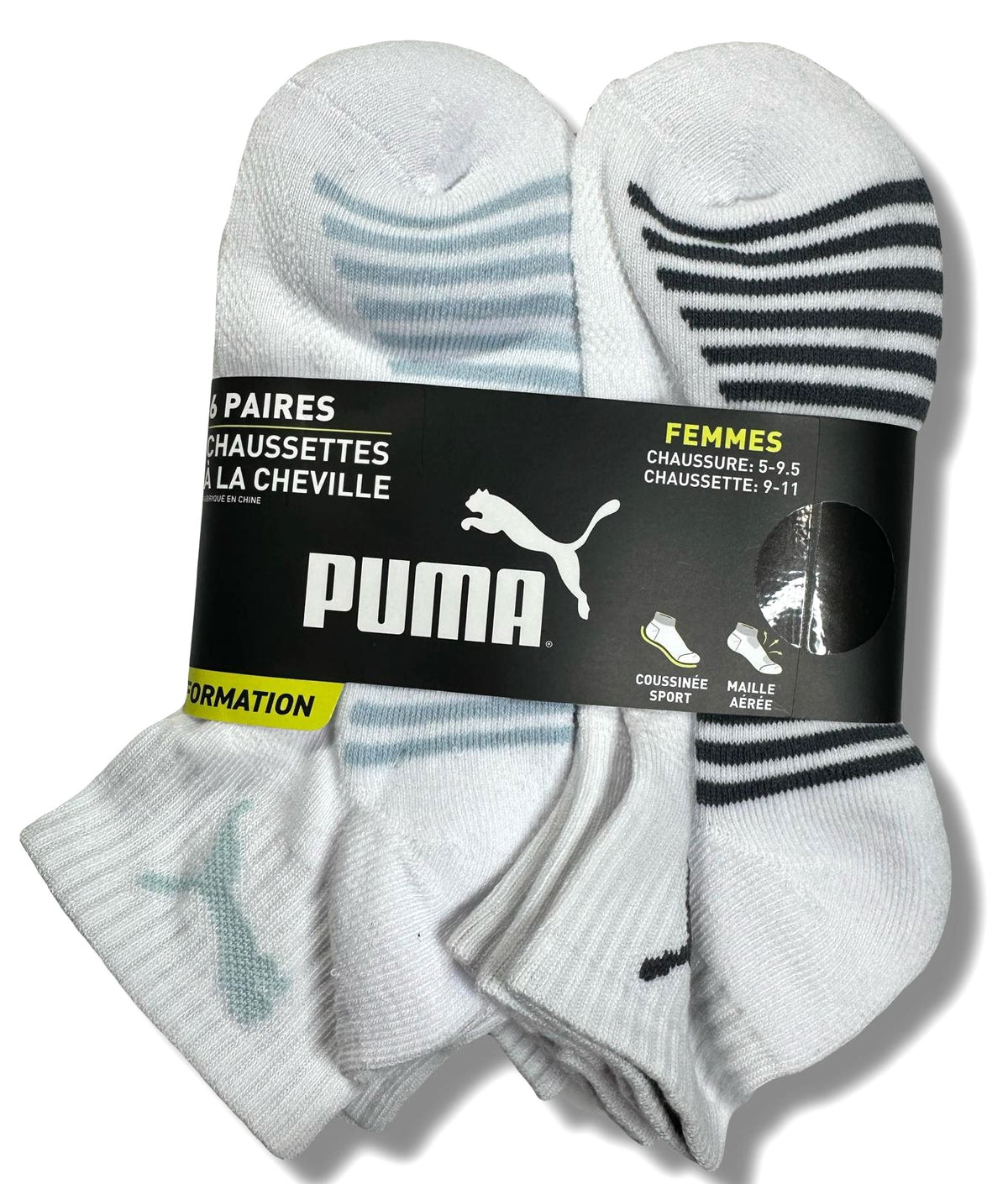 PUMA SOCKS WOMEN'S - QUARTER 253 - BLISS WHITE GRAY - SHOE SZ 5-9.5 -PACK 6