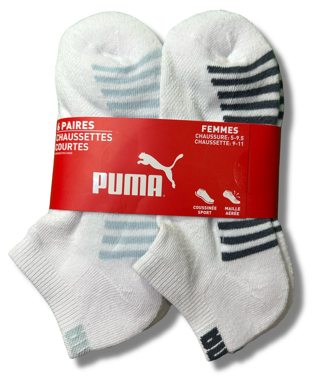 PUMA SOCKS WOMEN'S - LOW CUT 253 - BLISS - WHITE GREY - SHOE SZ 5-9.5 -PACK 6