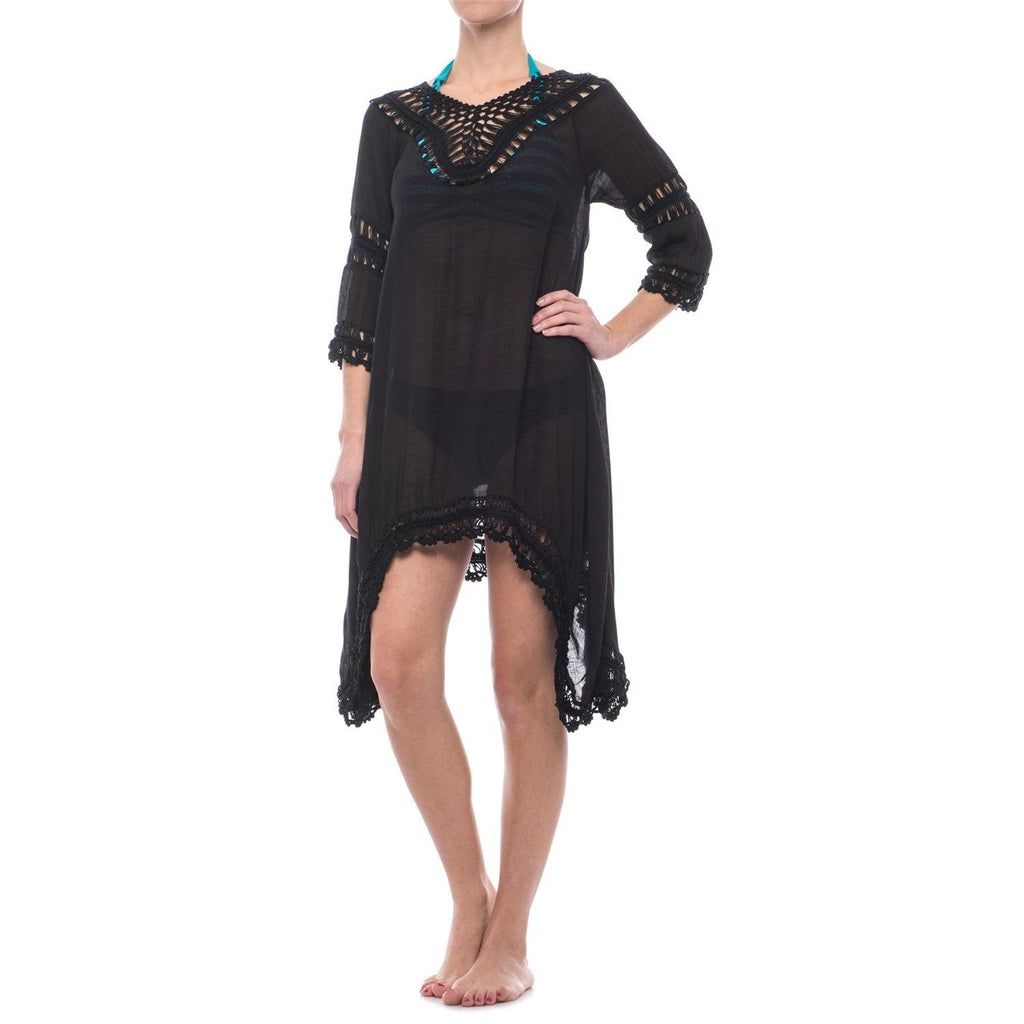 LULA CROCHET BEACH WOMEN SWIM COVER UP 3/4 SLEEVE SZ LARGE BLACK NEW