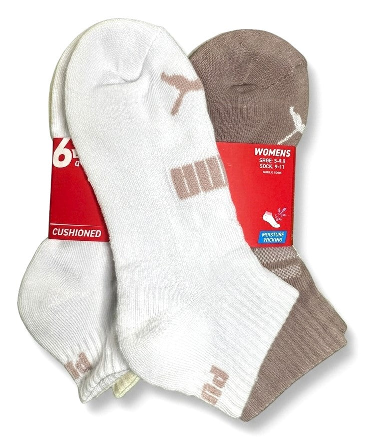 PUMA SOCKS WOMEN'S - QUARTER 263 - FERN WHITE BROWN - SHOE SZ 5-9.5 -PACK 6