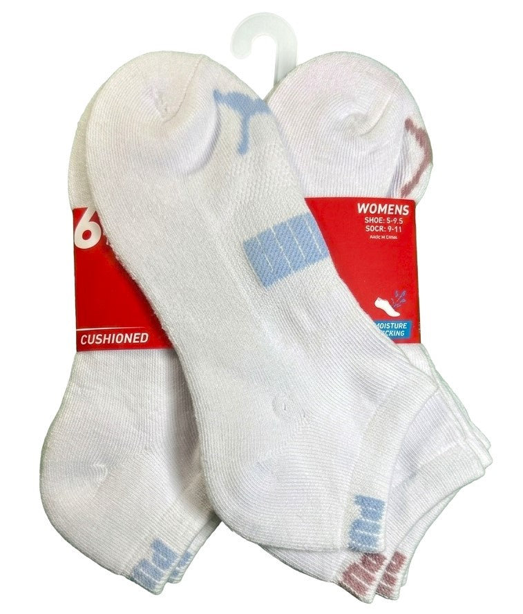 PUMA SOCKS WOMEN'S - LOW CUT 263 - FERN WHITE BLUE PINK - SHOE SZ 5-9.5 -PACK 6
