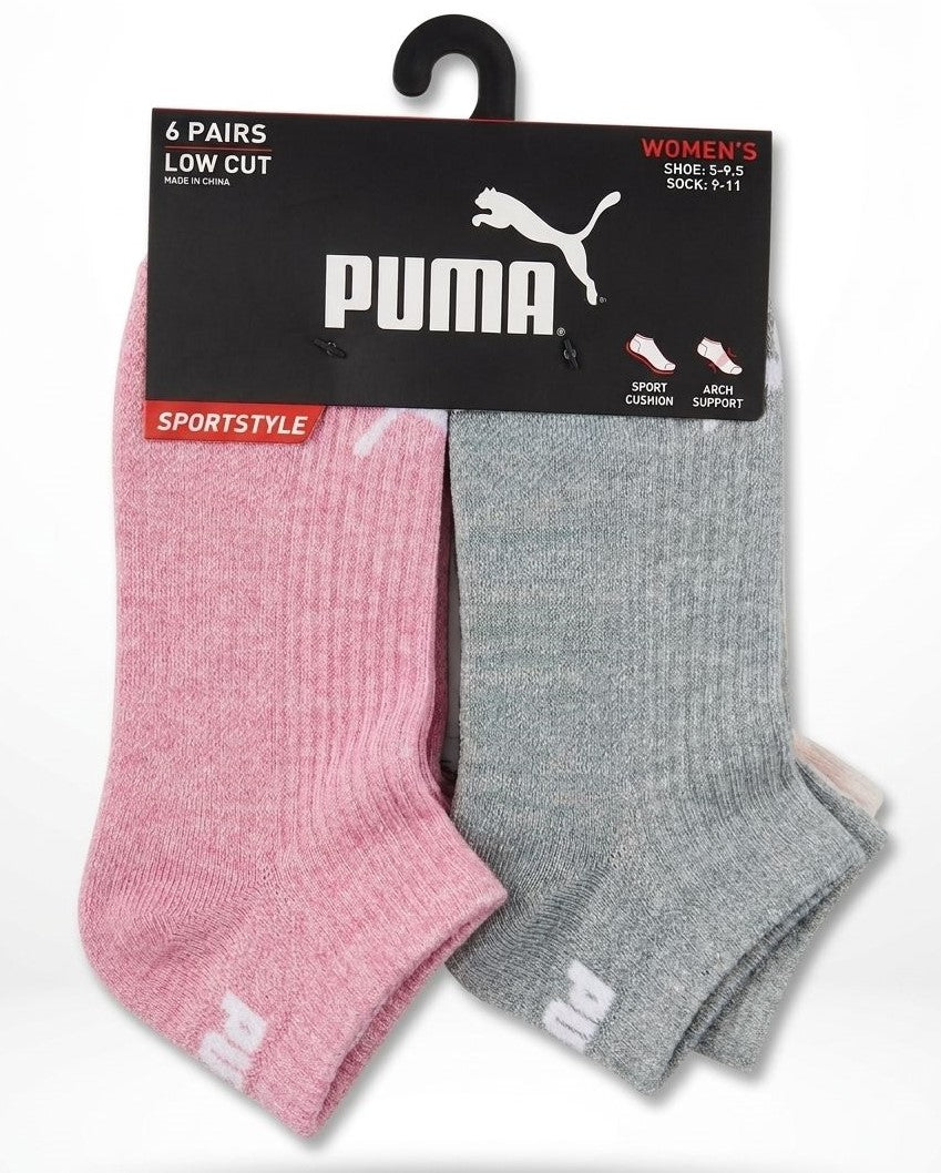 PUMA SOCKS WOMEN'S - LOW CUT 263 - RIBBED PINK GREEN - SHOE SZ 5-9.5 -PACK 6