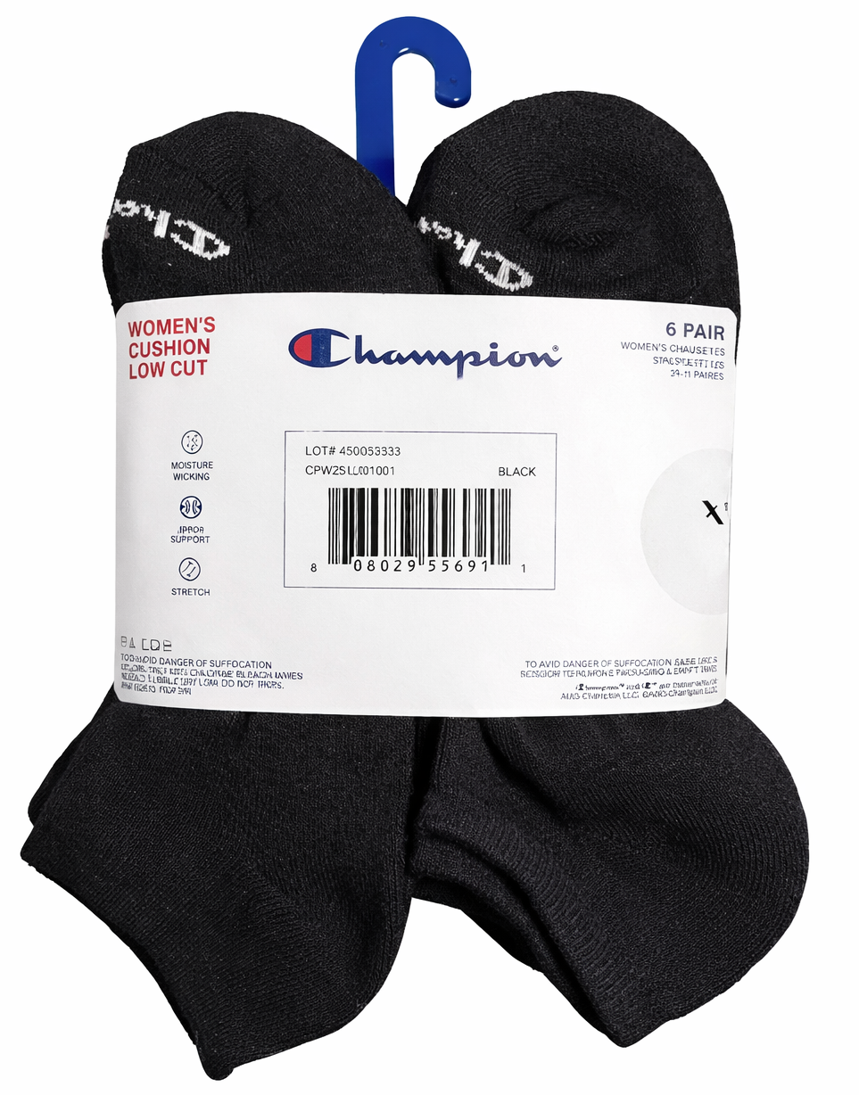 CHAMPION SOCKS WOMEN'S - LOW CUT - 263 BLACK PINK WHITE - SHOE SZ 5-9 PACK 6