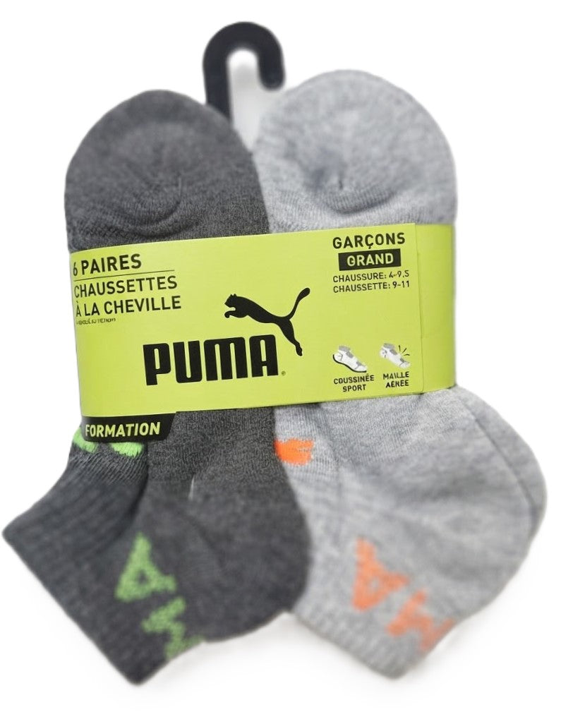 PUMA SOCKS BOYS X6 - QUARTER 263 - TEDDY WHITE GREY SZ LARGE 4-9.5 - 6 PACK