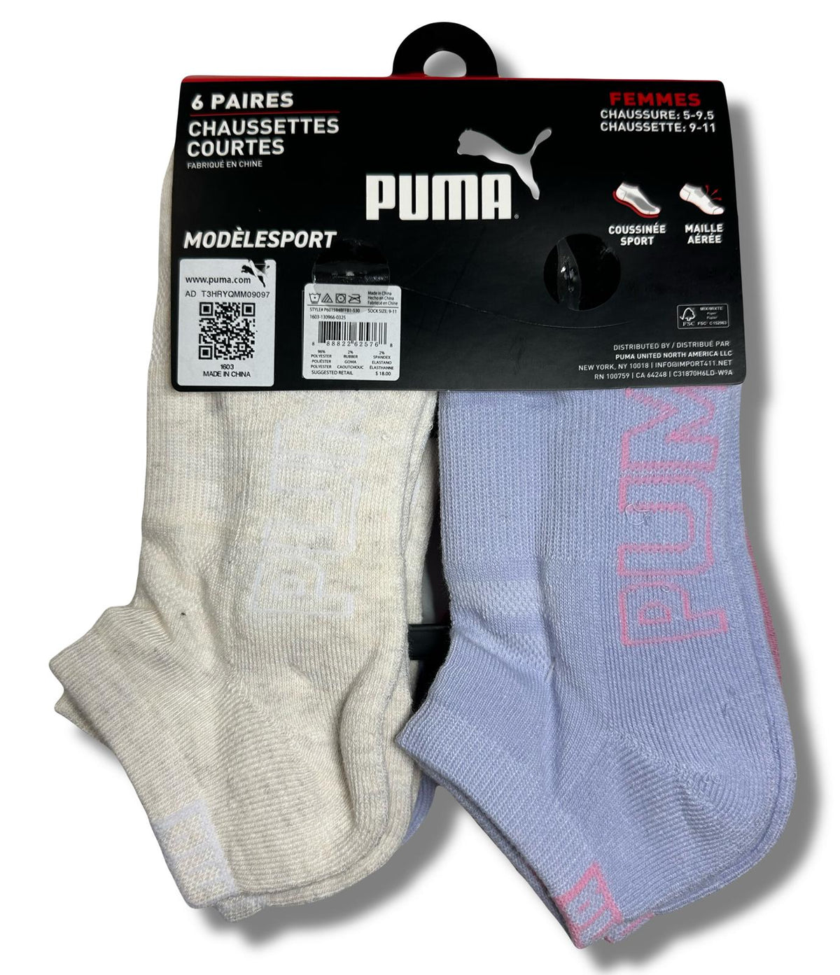 PUMA SOCKS WOMEN'S - LOW CUT 253 - SLATE PINK PURPLE - SHOE SZ 5-9.5 -PACK 6